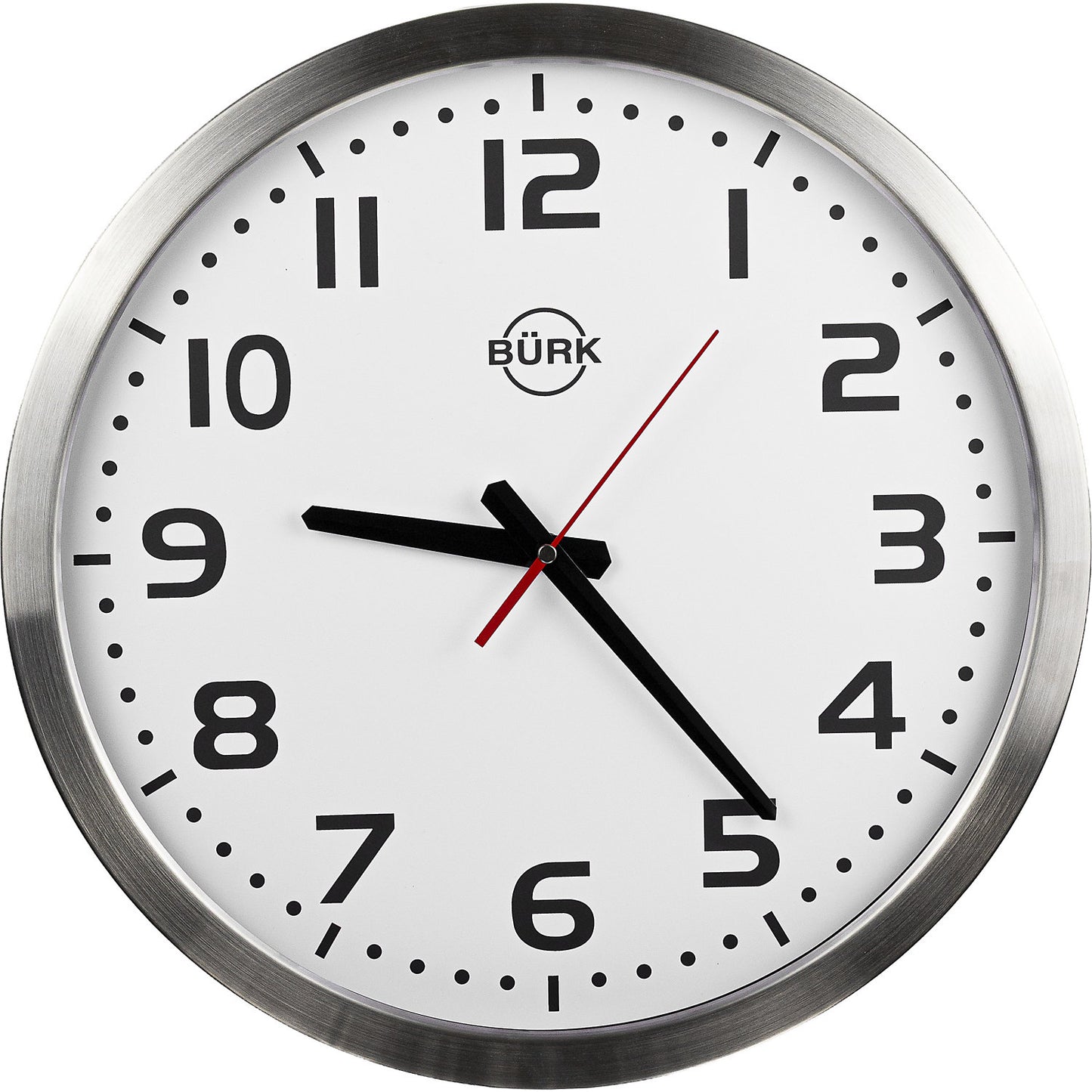 Wall clock, Ø 400 mm, brushed stainless steel housing, quartz clock.