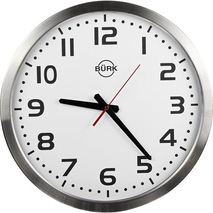 Wall clock, Ø 400 mm, brushed stainless steel housing, quartz clock.