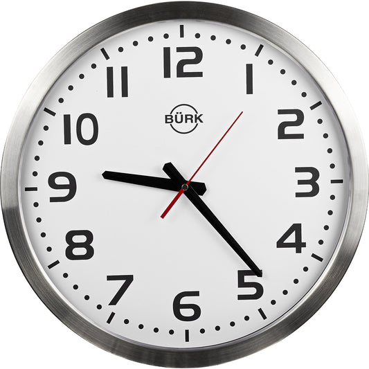 Wall clock, Ø 400 mm, brushed stainless steel housing, quartz clock.