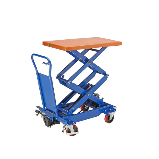 Lifting platform trolley with double scissors, max. load 650 kg, lifting range 470 - 1410 mm.