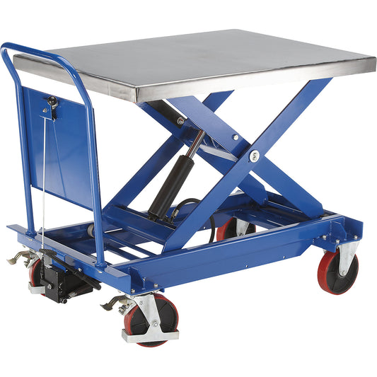 Standard lifting platform trolley, stainless steel platform truck, max. load 1000 kg.