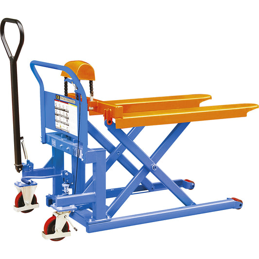 Low profile platform truck with forks, platform, max. load 1000 kg, lifting range 90 - 830 mm.