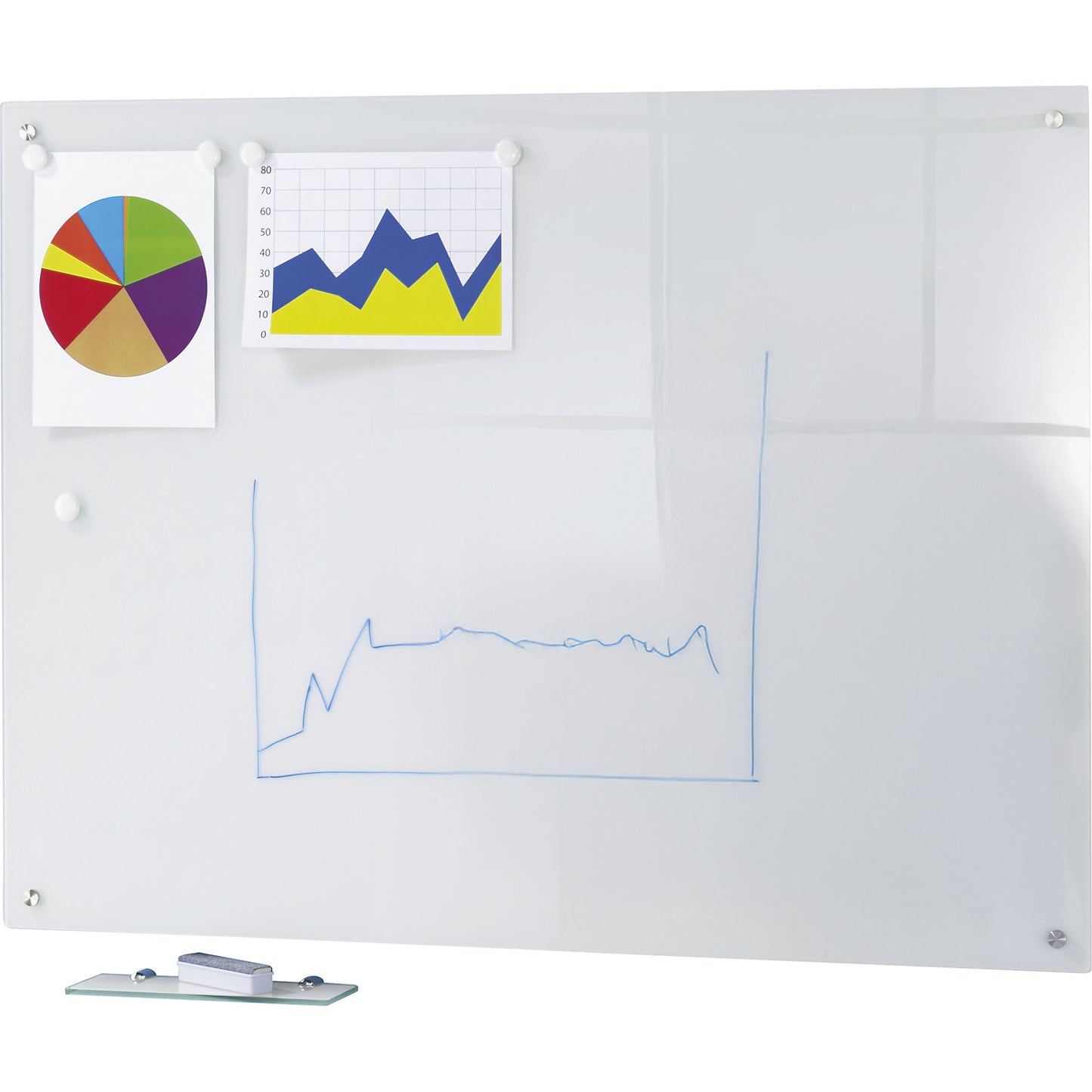 Glass whiteboard, complete set, glass surface, white, WxH 600 x 450 mm.