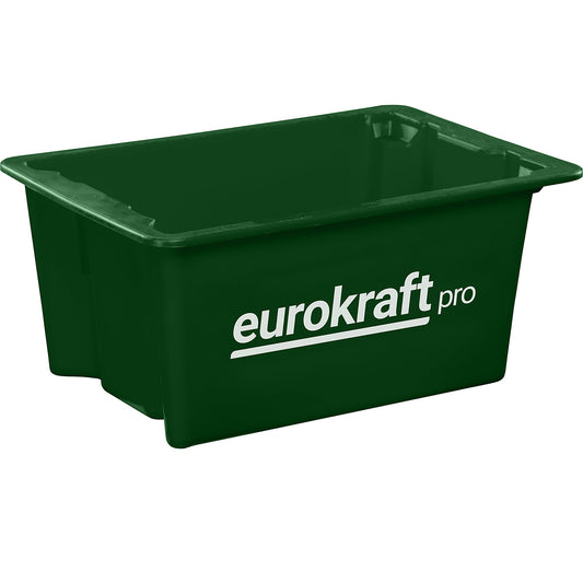 Stack/nest container made of polypropylene suitable for foodstuffs, capacity 34 l, pack of 3, solid walls and base, green.