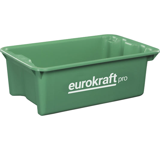 Stack/nest container made of polypropylene suitable for foodstuffs, capacity 13 l, pack of 4, solid walls and base, green.