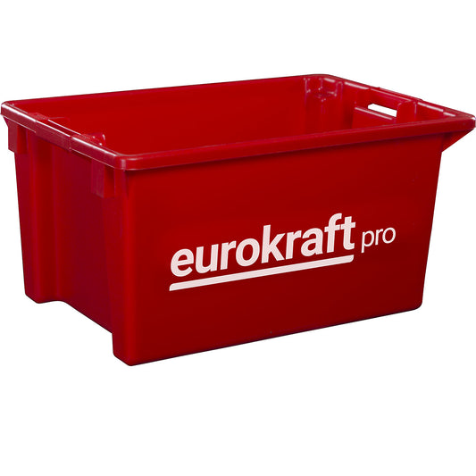 Stack/nest container made of polypropylene suitable for foodstuffs, capacity 50 l, pack of 3, solid walls and base, red.
