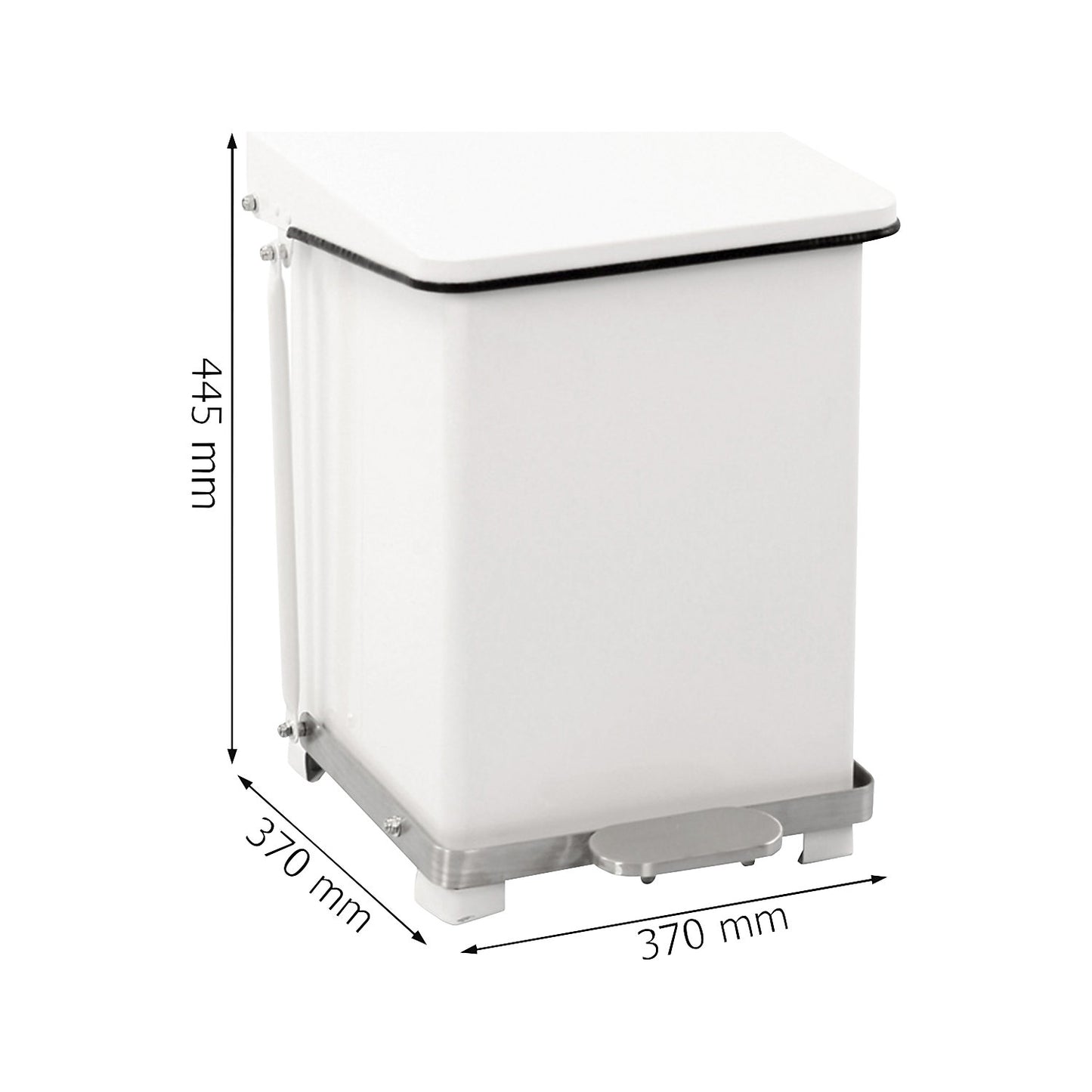 Industrial pedal bin, sheet steel, white RAL 9016, capacity 27 l, HxWxD 445 x 370 x 370 mm.