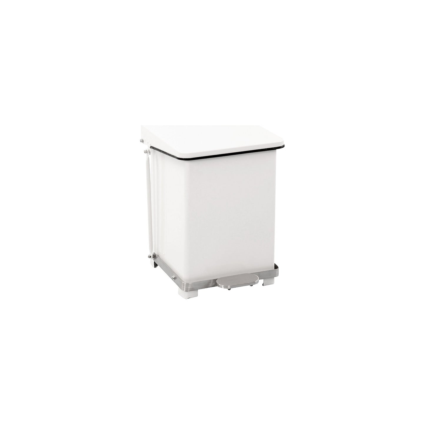 Industrial pedal bin, sheet steel, white RAL 9016, capacity 27 l, HxWxD 445 x 370 x 370 mm.