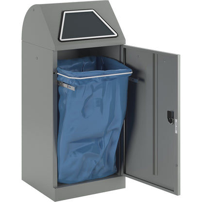 Recyclable waste container, manually operated access flap, with waste bag holder, capacity 120 L, grey aluminium/structure.
