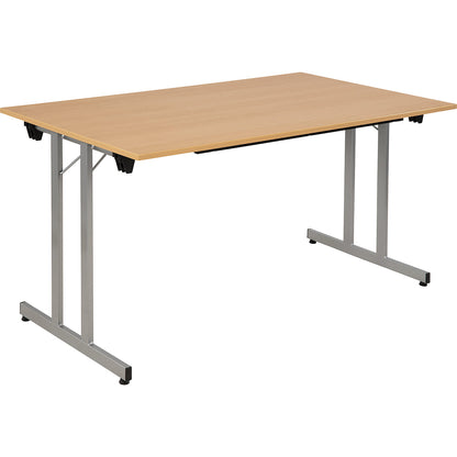 STANDARD folding table, rectangular frame with height adjustment screws, 1400 x 800 mm, aluminium coloured frame, beech finish tabletop.