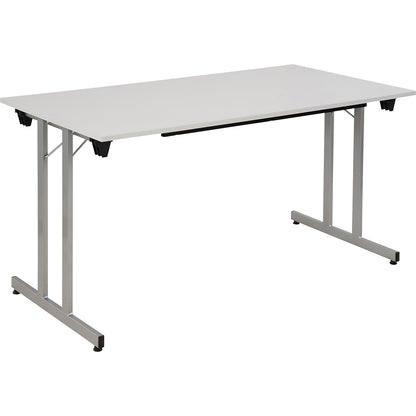 STANDARD folding table, rectangular frame with height adjustment screws, 1400 x 700 mm, aluminium coloured frame, light grey tabletop.