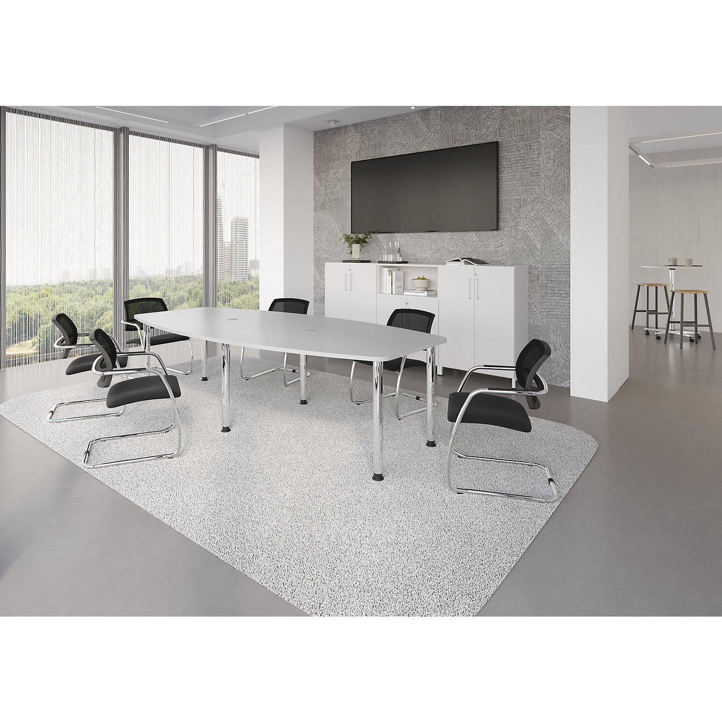 Conference table, frame with round tubular legs, for 10 people, light grey.