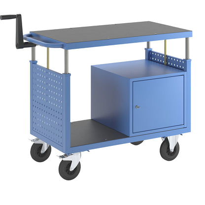 Assembly trolley, height adjustable, 1 shelf, 1 cupboard with shelf, light blue.