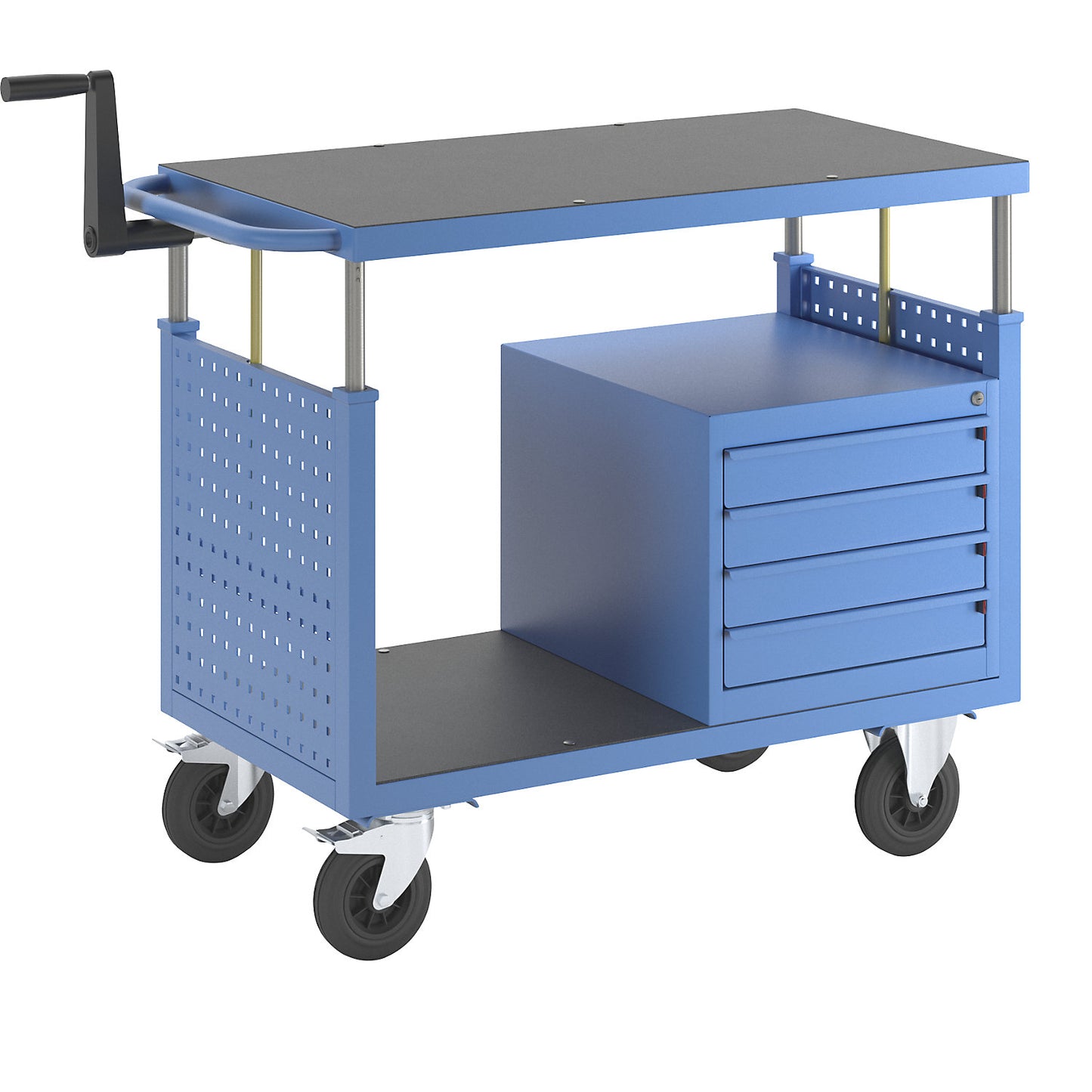 Assembly trolley, height adjustable, 1 shelf, 4 drawers, light blue.