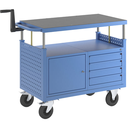Assembly trolley, height adjustable, 1 cupboard with shelf, 4 drawers, light blue.