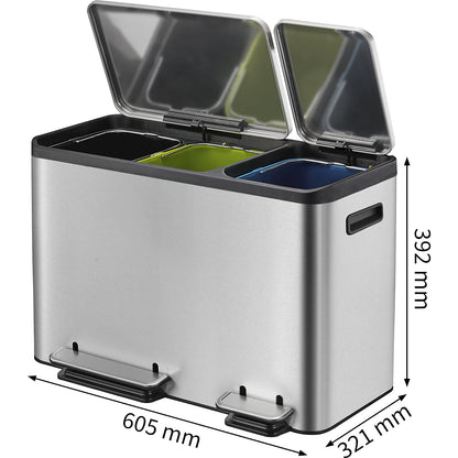 Waste collector with pedal, capacity 3 x 12 l, WxHxD 605 x 392 x 321 mm, stainless steel, triple collector.