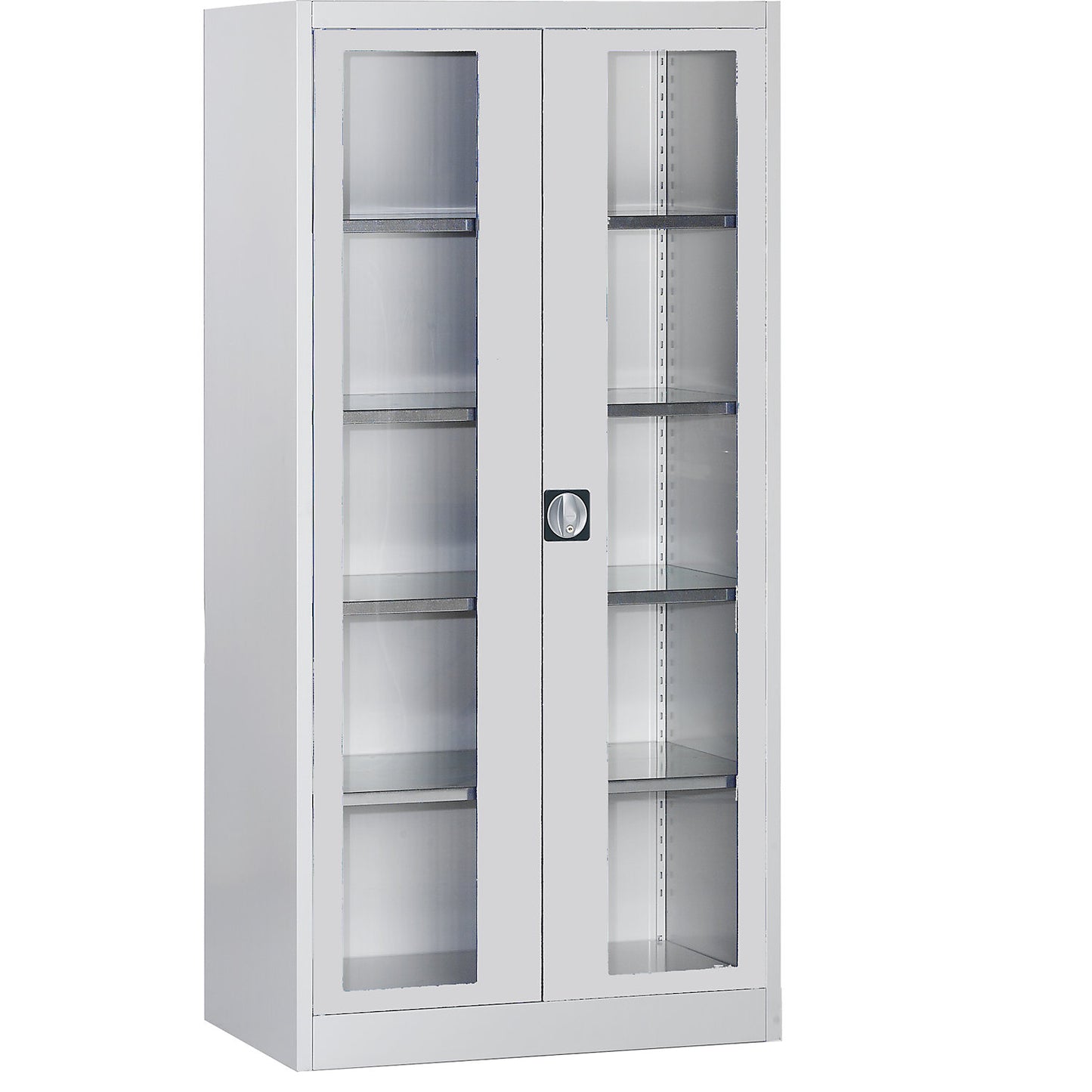 Vision panel double door cupboard, with 4 shelves, HxW 1950 x 950 mm, depth 600 mm, light grey.