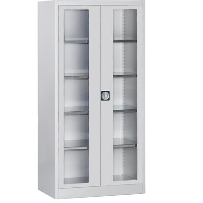 Vision panel double door cupboard, with 4 shelves, HxW 1950 x 950 mm, depth 600 mm, light grey.