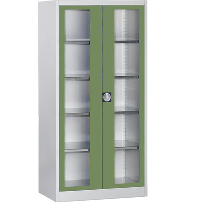 Vision panel double door cupboard, with 4 shelves, HxW 1950 x 950 mm, depth 500 mm, light grey/reseda green.