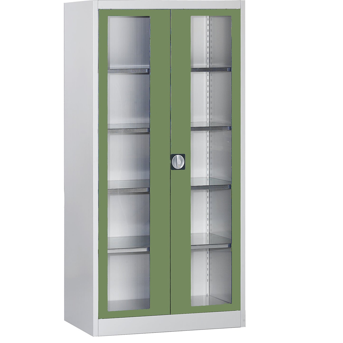 Vision panel double door cupboard, with 4 shelves, HxW 1950 x 950 mm, depth 600 mm, light grey/reseda green.