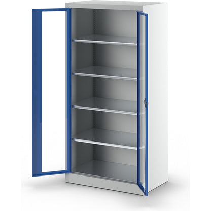 Vision panel double door cupboard, with 4 shelves, HxW 1950 x 950 mm, depth 600 mm, light grey/gentian blue.