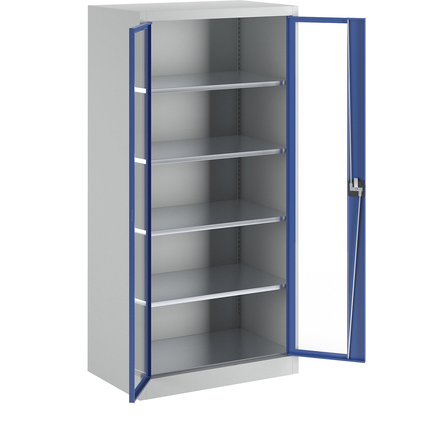 Vision panel double door cupboard, with 4 shelves, HxW 1950 x 950 mm, depth 600 mm, light grey/gentian blue.