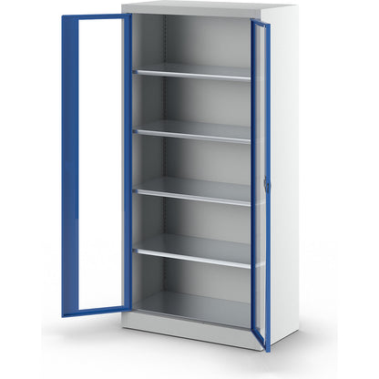 Vision panel double door cupboard, with 4 shelves, HxW 1950 x 950 mm, depth 500 mm, light grey/gentian blue.