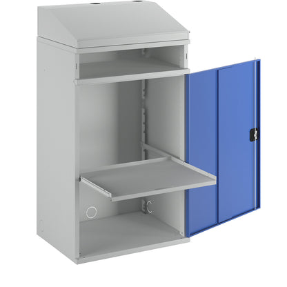 Industrial pedestal desk, with open compartment above the cupboard, width 650 mm, light grey / gentian blue.