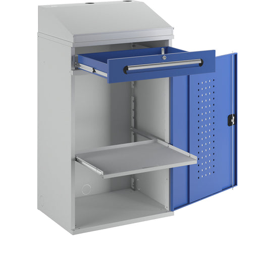 Industrial pedestal desk, with 1 drawer above the cupboard, width 650 mm, light grey / gentian blue.