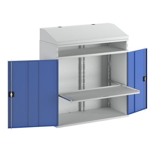 Industrial pedestal desk, with open compartment above the cupboard, width 1100 mm, light grey / gentian blue.