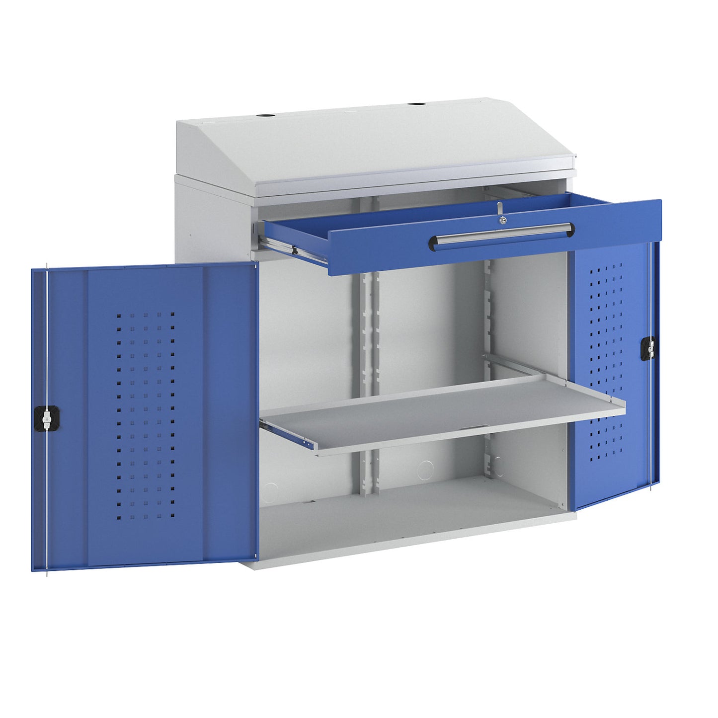 Industrial pedestal desk, with 1 drawer above the cupboard, width 1100 mm, light grey / gentian blue.