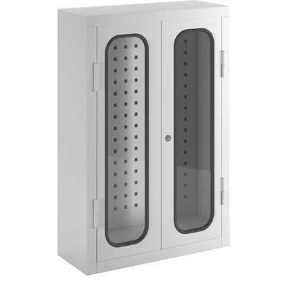 Wall mounted tool cupboard with window, with perforated rear wall, HxWxD 750 x 500 x 200 mm, light grey.
