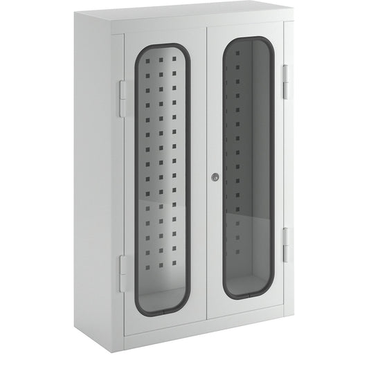 Wall mounted tool cupboard with window, with perforated rear wall, HxWxD 750 x 500 x 200 mm, light grey.