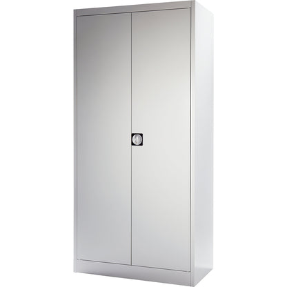 Heavy duty double door cupboard, HxW 1950 x 950 mm, depth 600 mm, light grey.