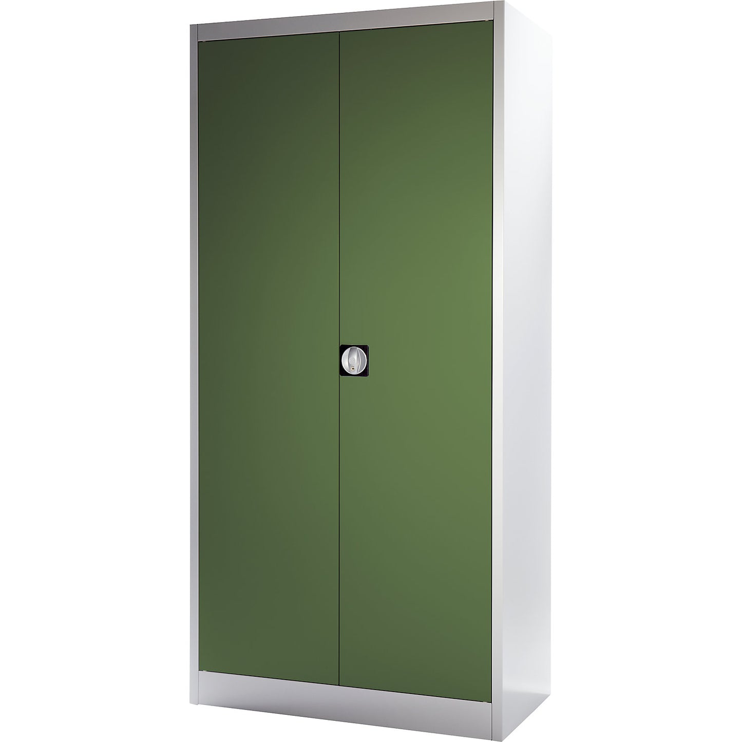 Heavy duty double door cupboard, HxW 1950 x 950 mm, depth 420 mm, light grey/reseda green.