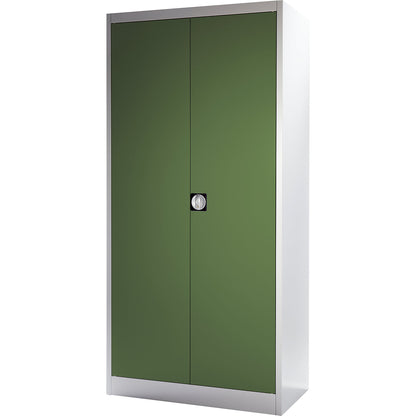 Heavy duty double door cupboard, HxW 1950 x 950 mm, depth 500 mm, light grey/reseda green.