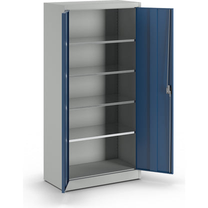 Heavy duty double door cupboard, HxW 1950 x 950 mm, depth 500 mm, light grey/gentian blue.