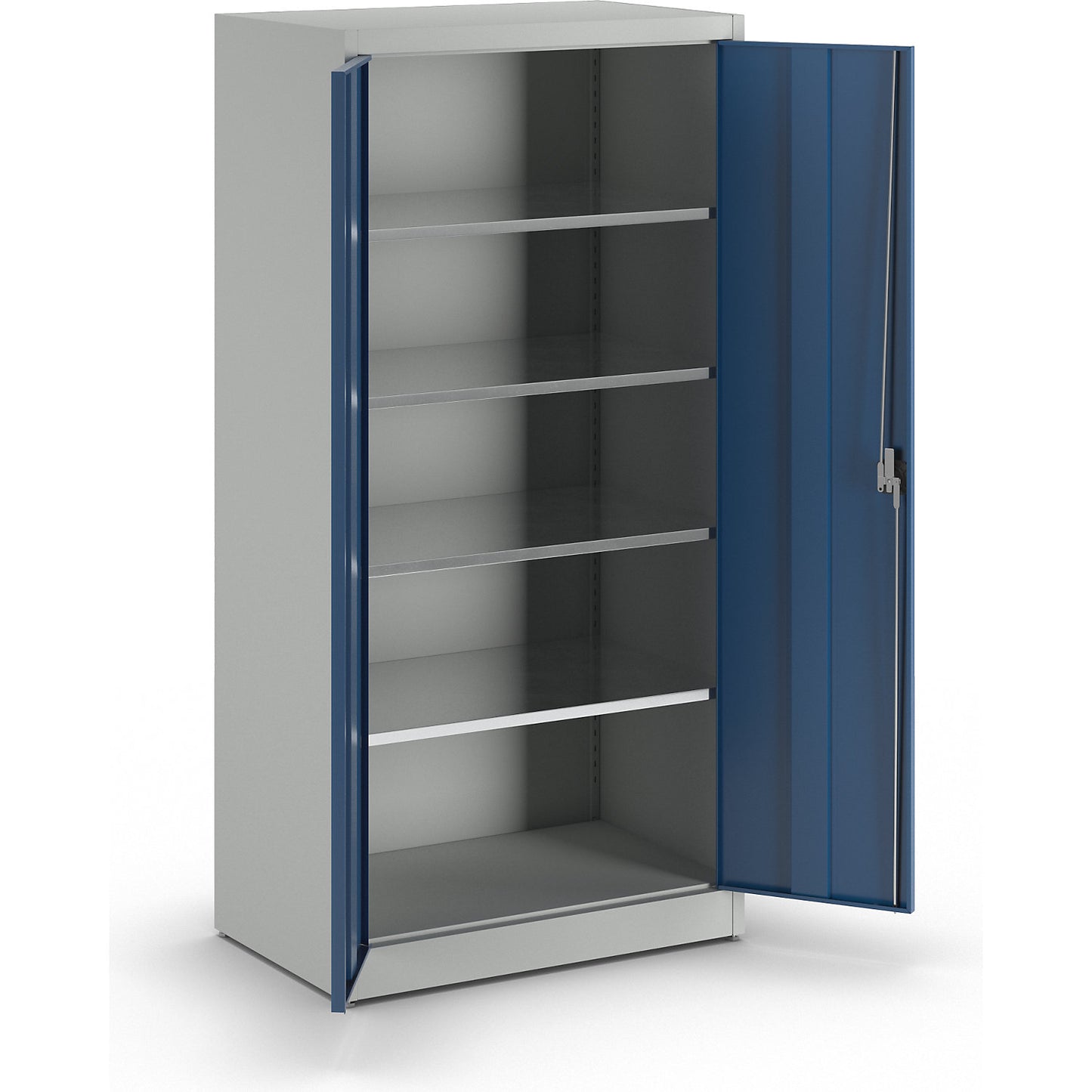 Heavy duty double door cupboard, HxW 1950 x 950 mm, depth 600 mm, light grey/gentian blue.