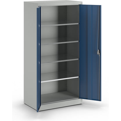 Heavy duty double door cupboard, HxW 1950 x 950 mm, depth 600 mm, light grey/gentian blue.