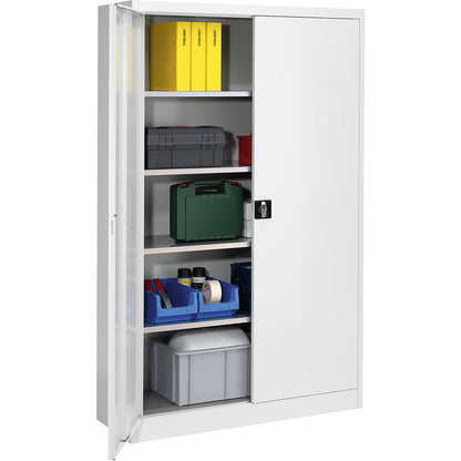 Heavy duty double door cupboard, HxW 1950 x 1200 mm, depth 420 mm, light grey.