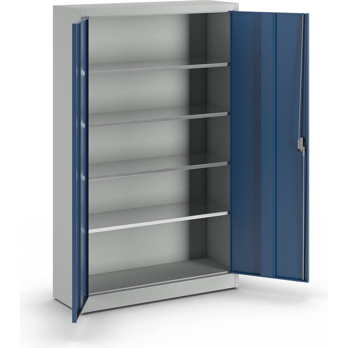 Heavy duty double door cupboard, HxW 1950 x 1200 mm, depth 420 mm, light grey/gentian blue.