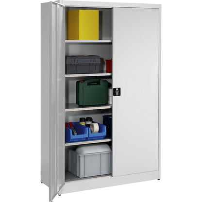 Heavy duty double door cupboard, HxW 1950 x 1200 mm, depth 500 mm, light grey.