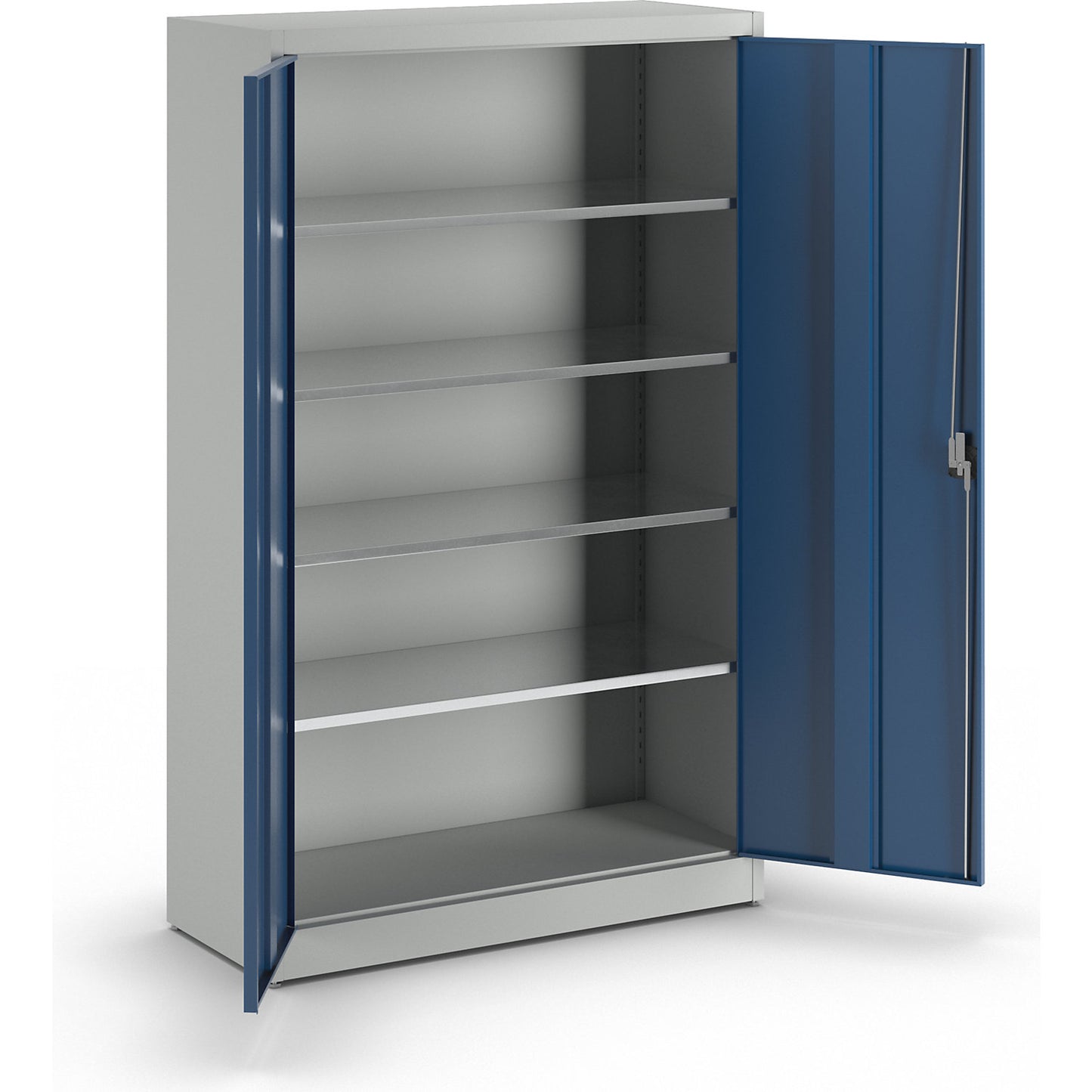 Heavy duty double door cupboard, HxW 1950 x 1200 mm, depth 500 mm, light grey/gentian blue.