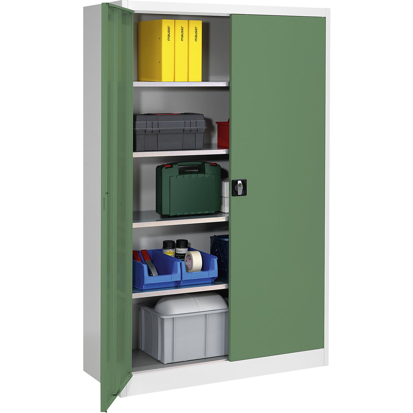 Heavy duty double door cupboard, HxW 1950 x 1200 mm, depth 500 mm, light grey/reseda green.