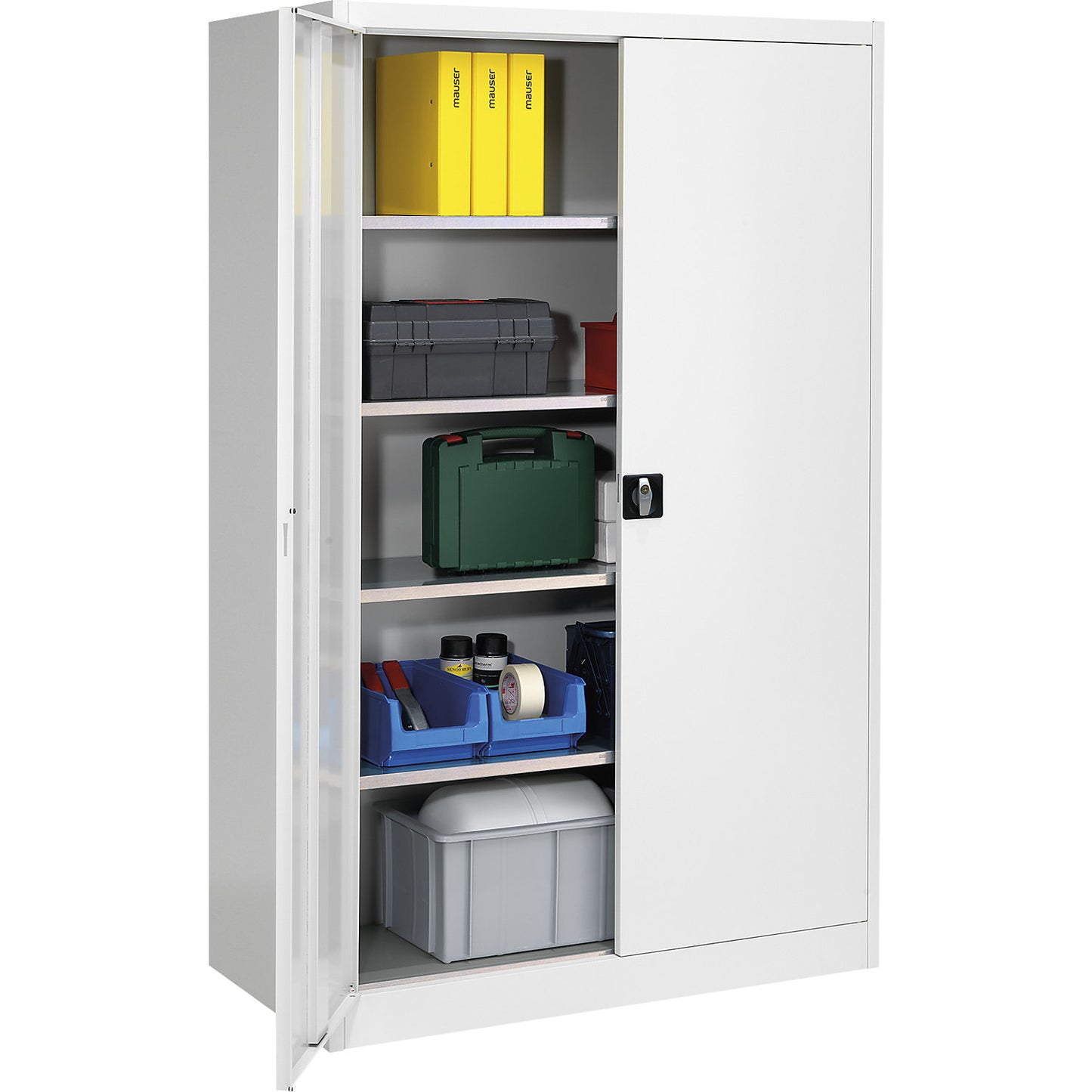 Heavy duty double door cupboard, HxW 1950 x 1200 mm, depth 600 mm, light grey.