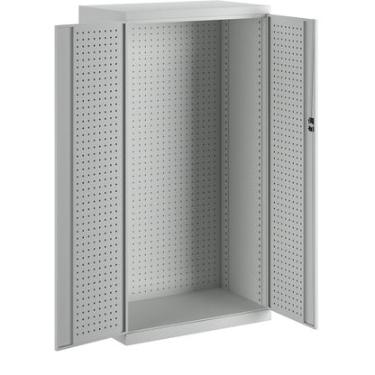 Empty tool cupboard housings, inside of doors and rear wall with perforations, grey doors.