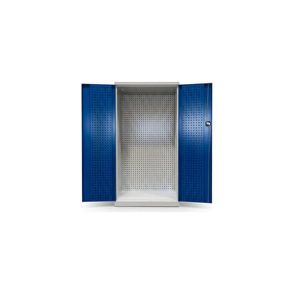 Empty tool cupboard housings, inside of doors and rear wall with perforations, blue doors.