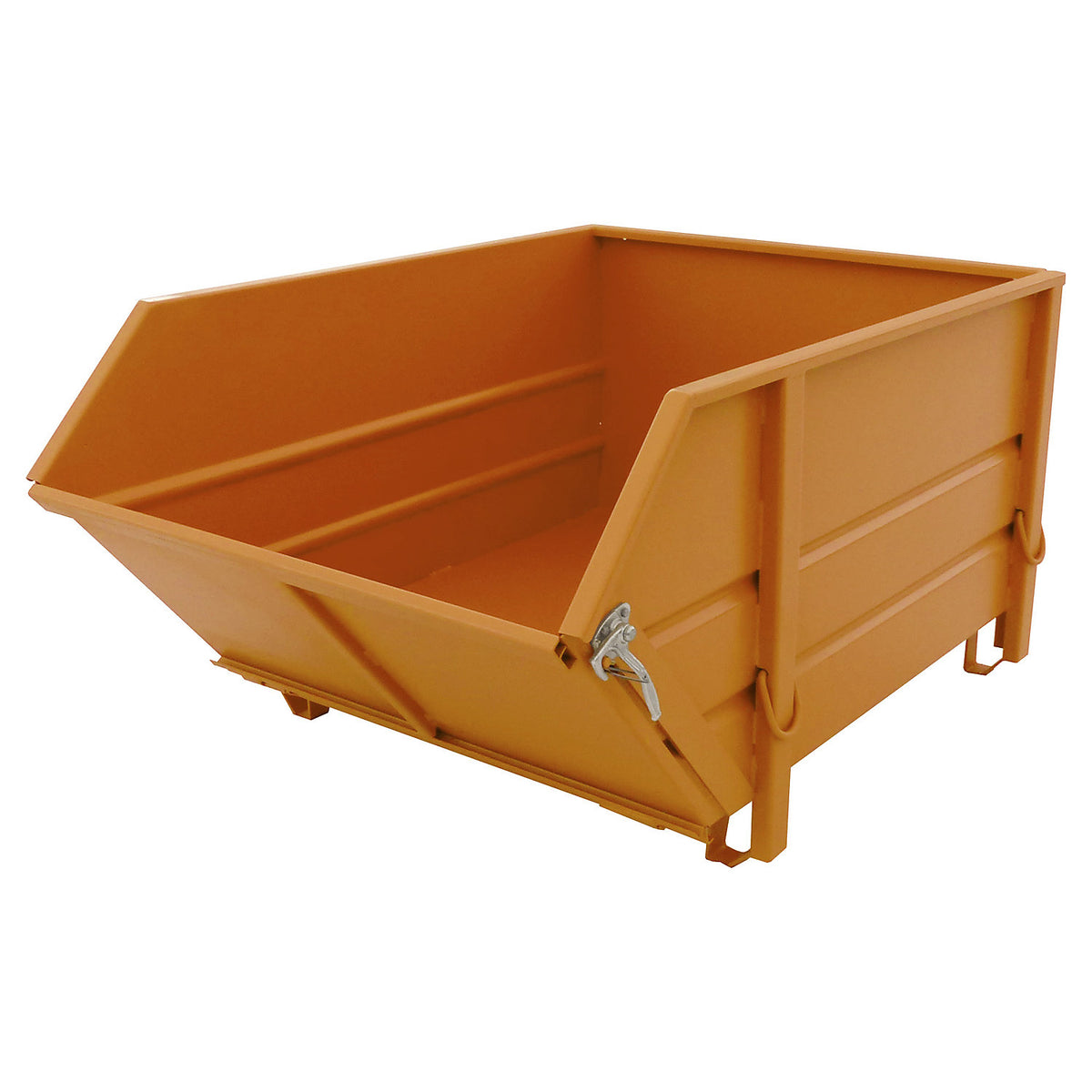 Sheet steel container, capacity 1 m³, with folding chute, yellow orange.