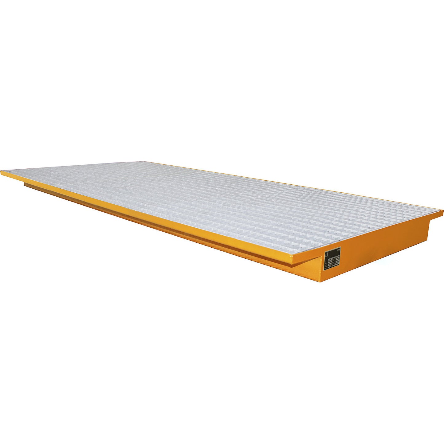 Hook-in sump tray, with zinc plated grate, LxW 2650 x 1250 / 915 mm, painted orange.