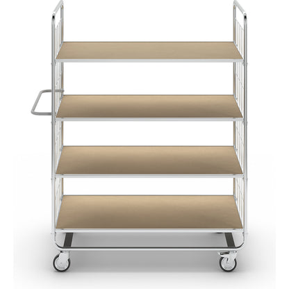ESD shelf truck, short models, 4 swivel castors, 4 platforms, LxWxH 945 x 470 x 1120 mm, 2 with stop.